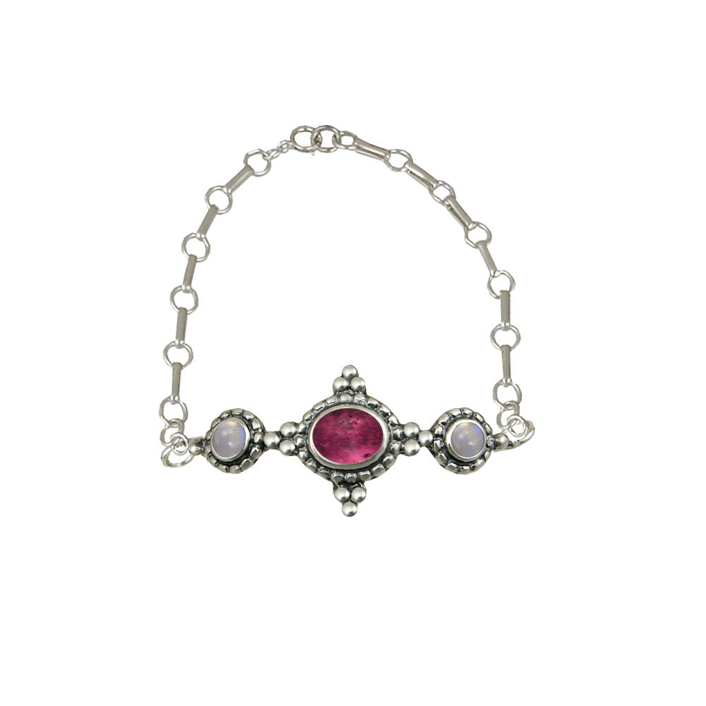 Sterling Silver Gemstone Adjustable Chain Bracelet With Pink Tourmaline And Rainbow Moonstone